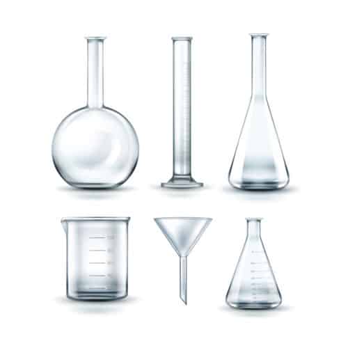 Glass laboratory flasks Vector set of empty transparent glass chemical laboratory flasks, funnel and test tube isolated on background