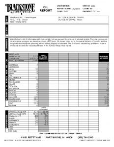 Diesel engine oil analysis report indicating a trace of fuel