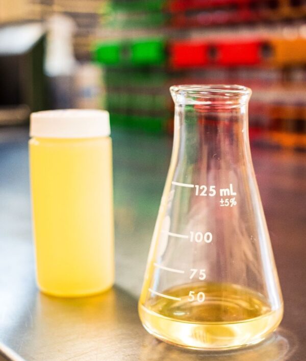 gasoline in a beaker and sample bottle
