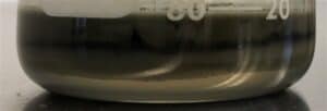 Close-up picture of oil from a moisture-contaminated lower unit with a clear separation between the oil layer and the water layer