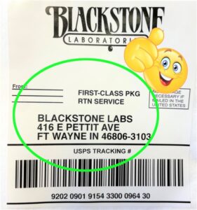 New label showing correct format. It should say "First Class Package Return Service."
