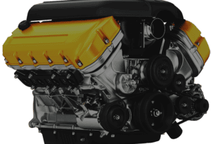 Image of a black and chrome engine with yellow valve covers.
