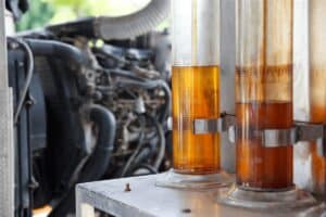 A couple graduated cylinders containing oil samples contaminated with excess fuel dilution.