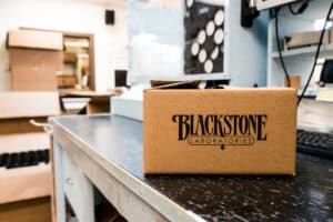 Blackstone box sitting on a tabletop in the kit building room