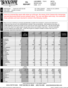 An aircraft oil analysis report showing an increase in nickel that prompted a borescope inspection that found three burned exhaust valves.