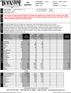 An oil analysis report from a Detroit Series 60 engine with excessive metal readings that confirm the owner's suspicion of a broken ring. The increases in copper and lead also point to excessive bearing wear.