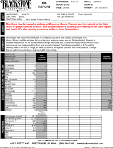 This oil analysis report from a Mack E-7 alerted the owner to a severe coolant problem that was causing poor bearing wear.