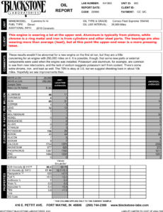 An oil analysis report from a Cummins N-14 engine showing excessive upper-end and bearing wear.