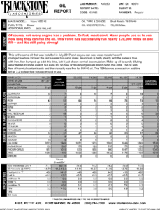 An oil analysis report showing a Volvo VED 12 engine that ran over 116,000 miles on one oil change. Sometimes people sample their used oil to find out how long they can run their oil between oil changes.