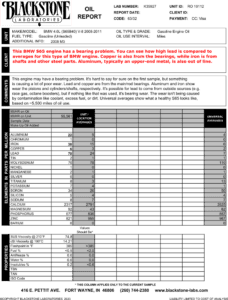 A used oil analysis report from a 4.0L S65 BMW engine with high lead, showing a severe bearing problem.