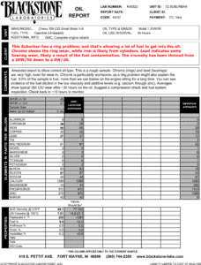 A used oil analysis report showing a Chevy Suburban with a ring problem that's allowing excessive fuel into the oil, thinning the oil and causing excessive bearing wear.