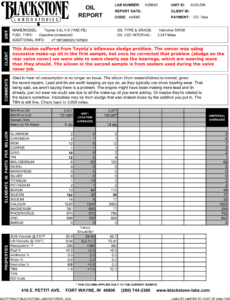 An oil analysis report from a Toyota Avalon problem showing a developing sludge problem that led to excessive bearing wear.