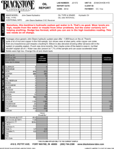 A report showing a sample of hydraulic fluid from a backhoe that had water contamination in it. The water caused excessive oxidation of the oil and wear metals were excessive.