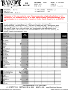 An oil report from a gearbox where the owner sampled because he wanted to know whether the oil was contaminated by water or hydraulic fluid. It turned out neither contaminant was present, but we did advise the owner to change the oil due to excessive metal accumulation and a thick viscosity reading.