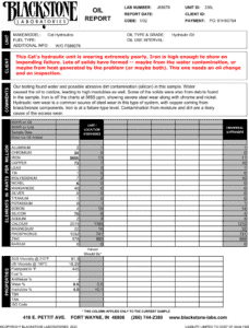 A report from a Cat hydraulic system that has developed a problem. Iron is excessive, showing extreme wear at steel parts. The oil had water in it and was heavily oxidized, too.