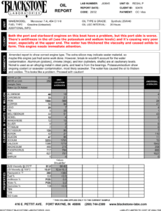 This oil report from a Mercruiser engine shows excessive contamination from coolant that's causing poor wear in the cylinder area and at the bearings.