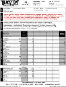 An oil sample report from a Ford transmission showing increasing metal trends compared to the previous sample. Silicon is also higher than it was, but the owner didn't give us much information with this sample. Maybe metals are higher due to accumulation on a longer oil run or wear-in from recent work, for example.