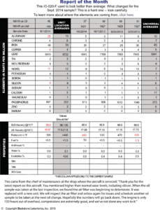 Metals and silicon were higher than normal in this report. The chief of maintenance found the air filter was deteriorating and allowing unfiltered air through, which resulted in excessive wear.