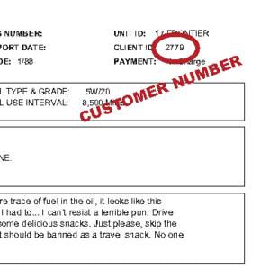 Image showing the customer number circled in red on an oil report. The customer number (aka Client ID) is located in the upper-right corner under the Unit ID.