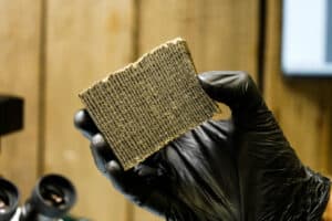 A lab technician wearing gloves holding a section of oil filter pleats that have been removed from their canister.