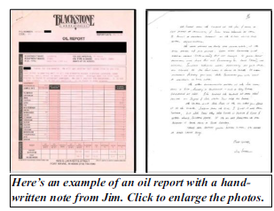 An old oil report with a handwritten note to the customer from Jim