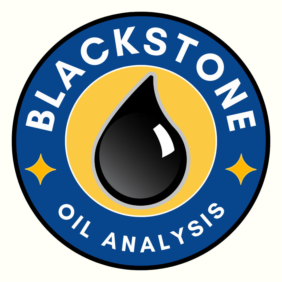 Blue circular Blackstone Oil Analysis sticker with an oil drop in the center on a yellow background