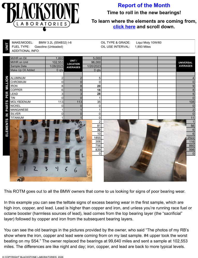 Oil report showing a BMW S54 engine with bad bearings